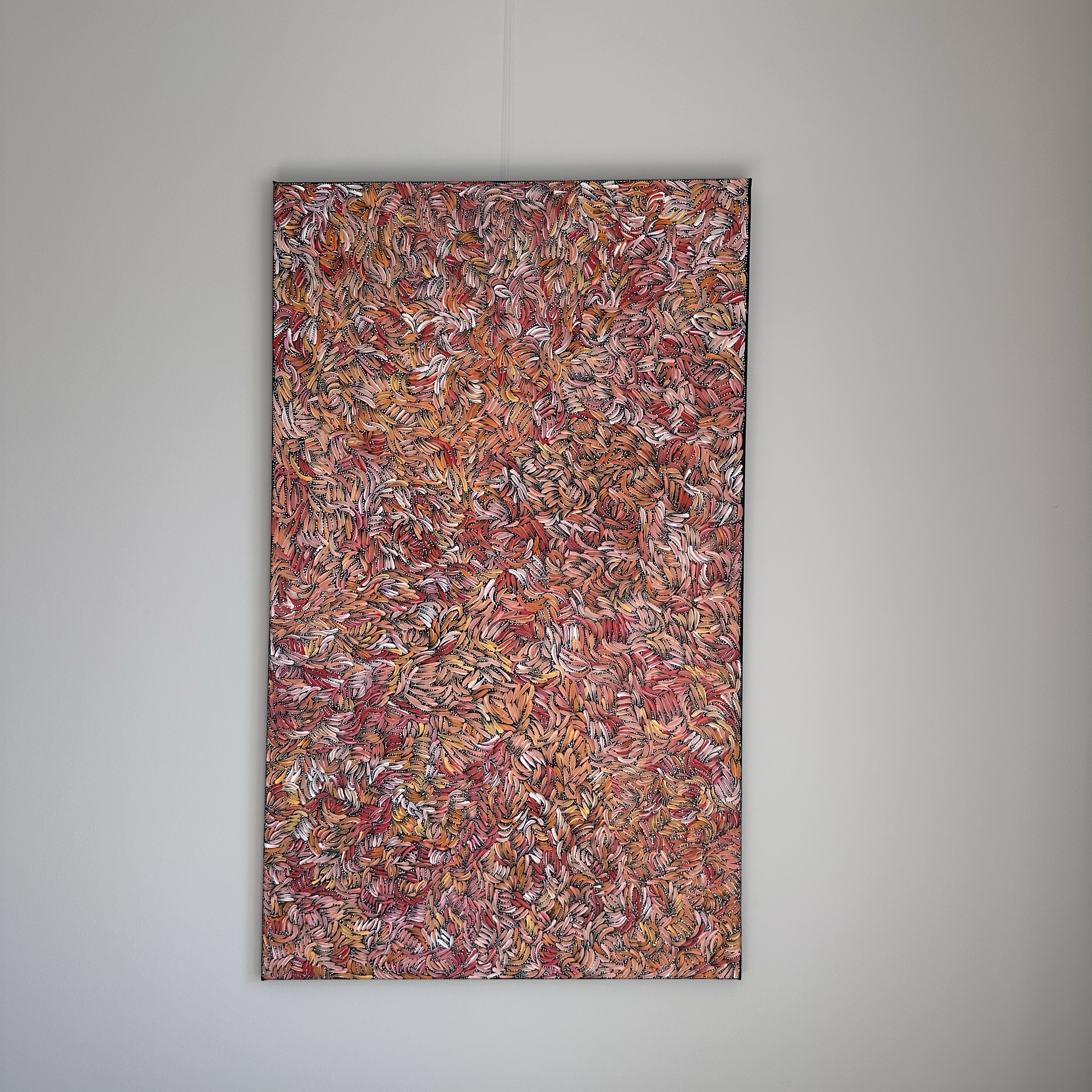 Nola Napangardi Fisher, 
Purrpalanji (Skinny Bush Banana) Jukurrpa, 2025, 
acrylic on linen, 
152 x 91 cm, 
Unstretched CHF2,075, Stretched CHF2,770