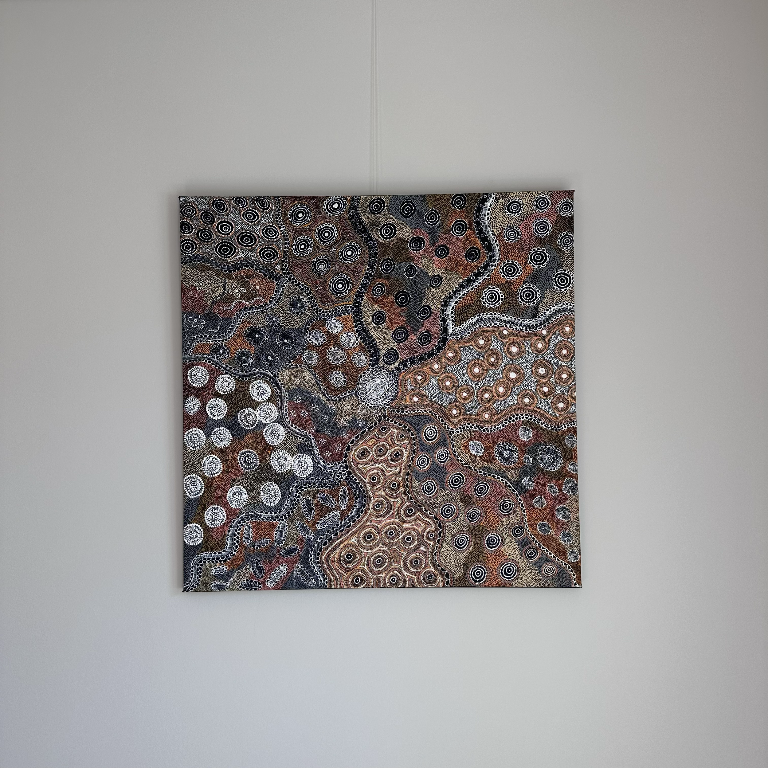 SOLD 
Lola Nampijinpa Brown, Ngapa Jukurrpa (Water Dreaming) - Mikanji, 2025, 
acrylic on linen, 
91 x 91 cm