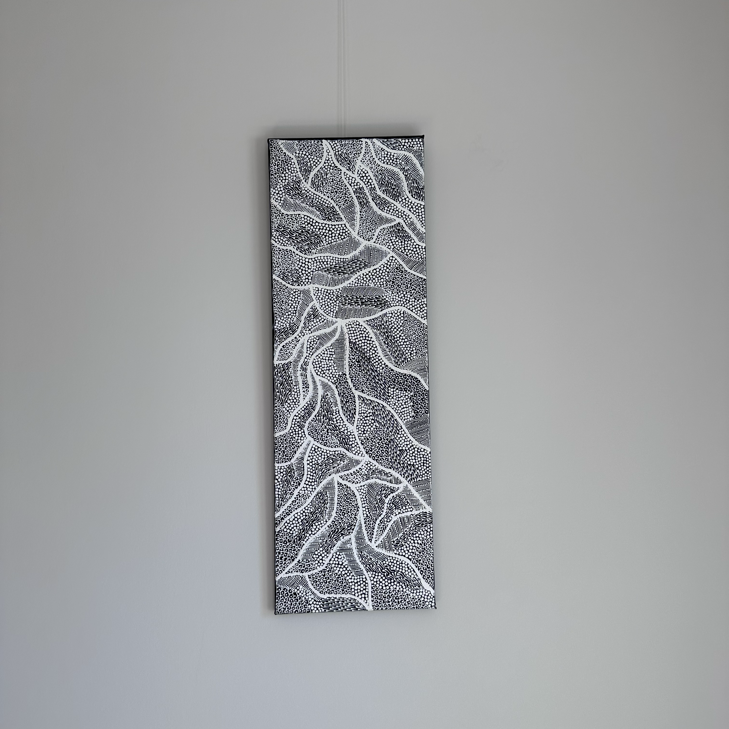 SOLD,
Mary Napangardi Butcher, 
Pikilyi Jukurrpa (Vaughan Springs Dreaming), 2025, 
acrylic on linen, 
91 x 30 cm, 
Unstretched CHF325, Stretched CHF475