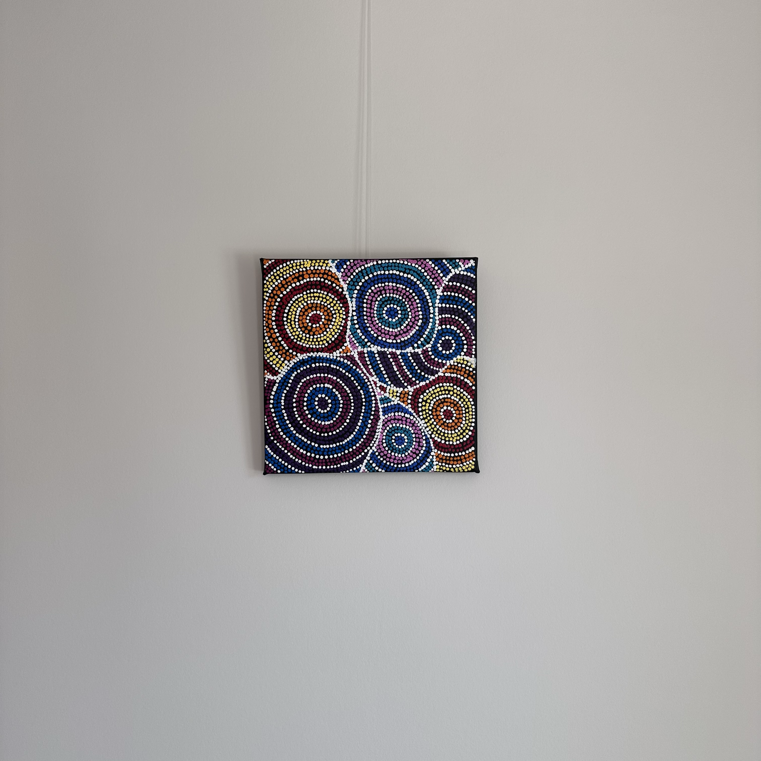SOLD,
Teranie Nangala Williams, 
Wanakiji Jukurrpa (Bush Tomato Dreaming) 2025, 
acrylic on canvas, 
30 x 30 cm 
Unstretched CHF125, Stretched CHF240