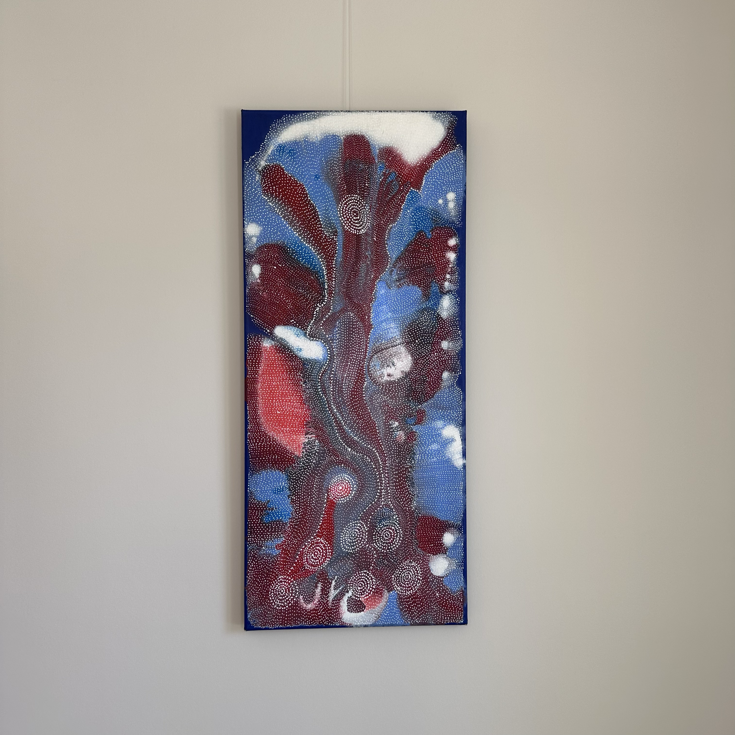 SOLD,
Athena Nangala Granites,
Napaljarri-warnu Jukurrpa (Seven Sisters Dreaming), 2025,
acrylic on linen,
107 x 46 cm
Unstretched CHF715, Stretched CHF905