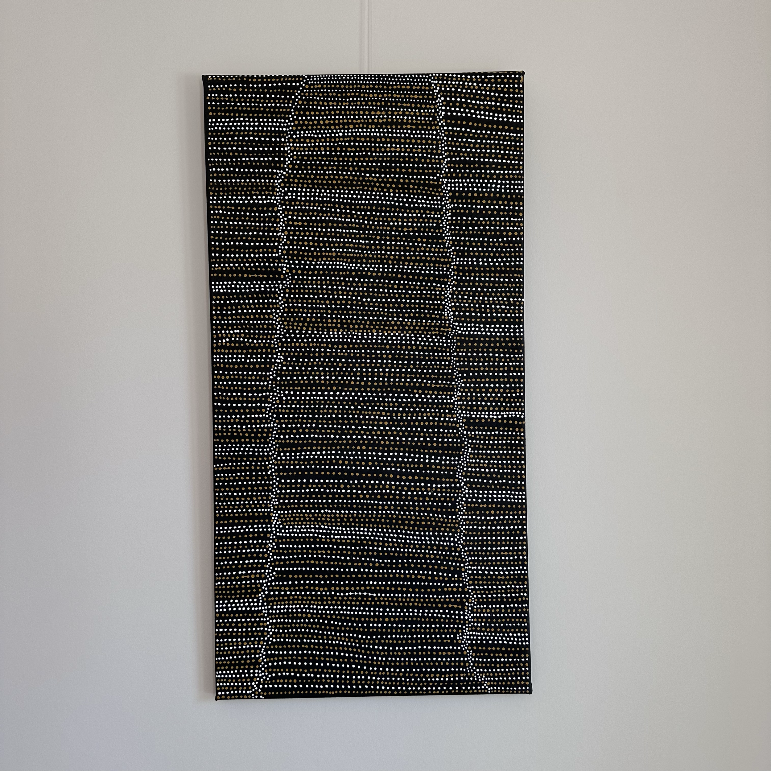 SOLD
Chantelle Nampijinpa Robertson
Ngapa Jukurrpa (Water Dreaming) - Puyurru, 2025
acrylic on linen, 
91 x 46 cm, 
Unstretched CHF485, Stretched CHF650