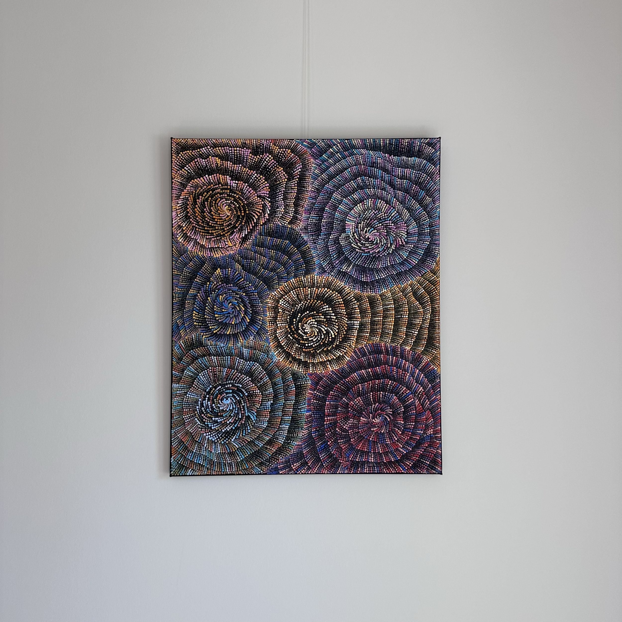 SOLD,
Mekeisha Napanangka Martin, 
Pamapardu Jukurrpa (Flying Ant Dreaming) - Warntungurru, 2025 (Nyirripi Art Centre), 
acrylic on linen, 
76 x 61 cm, 
Unstretched CHF525, Stretched CHF685