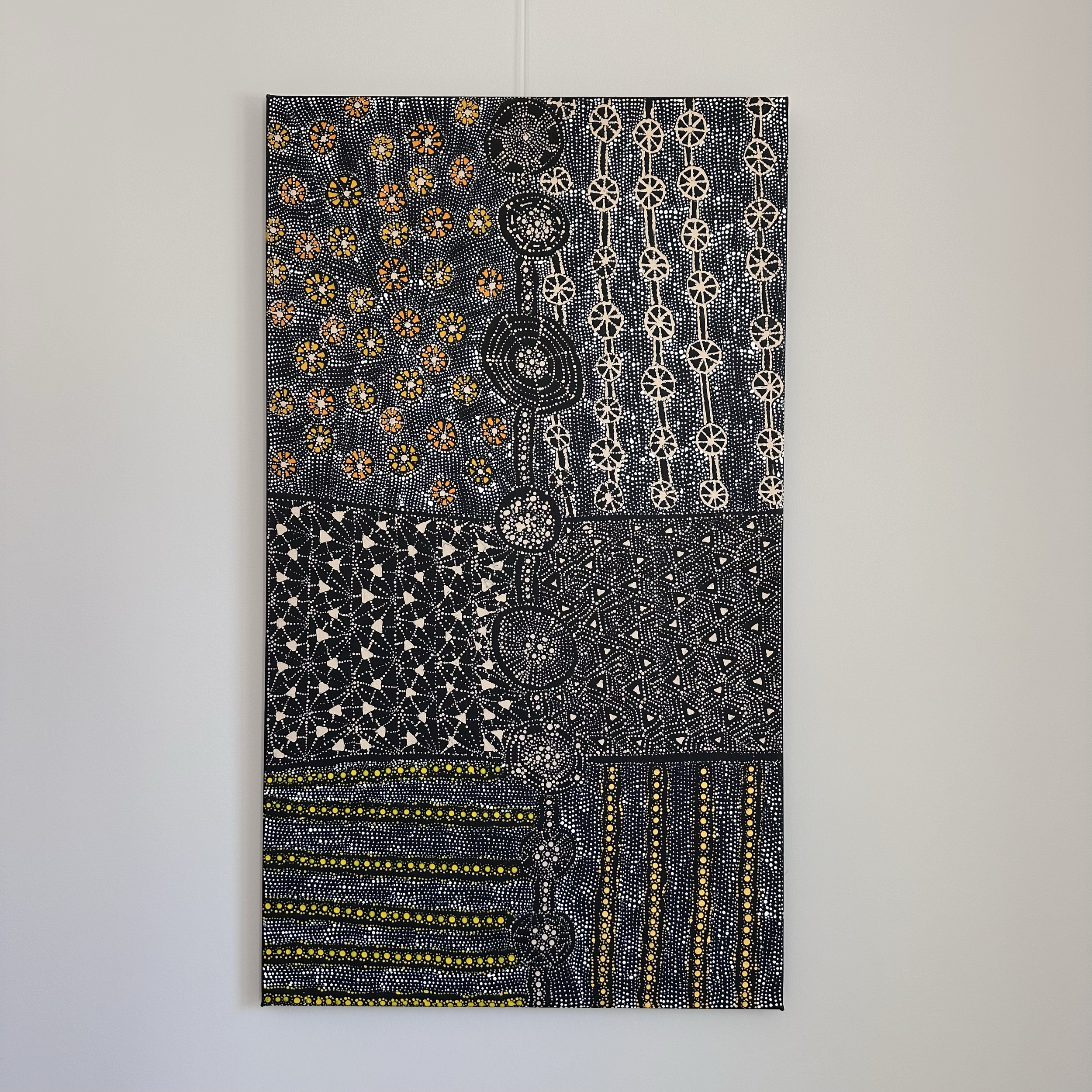 Hilda Nakamarra Rogers, 
Lukarrara Jukurrpa (Desert Fringe-rush Seed Dreaming, acrylic on linen, 
107 x 61 cm, 
Unstretched CHF1,465, Stretched CHF1,675