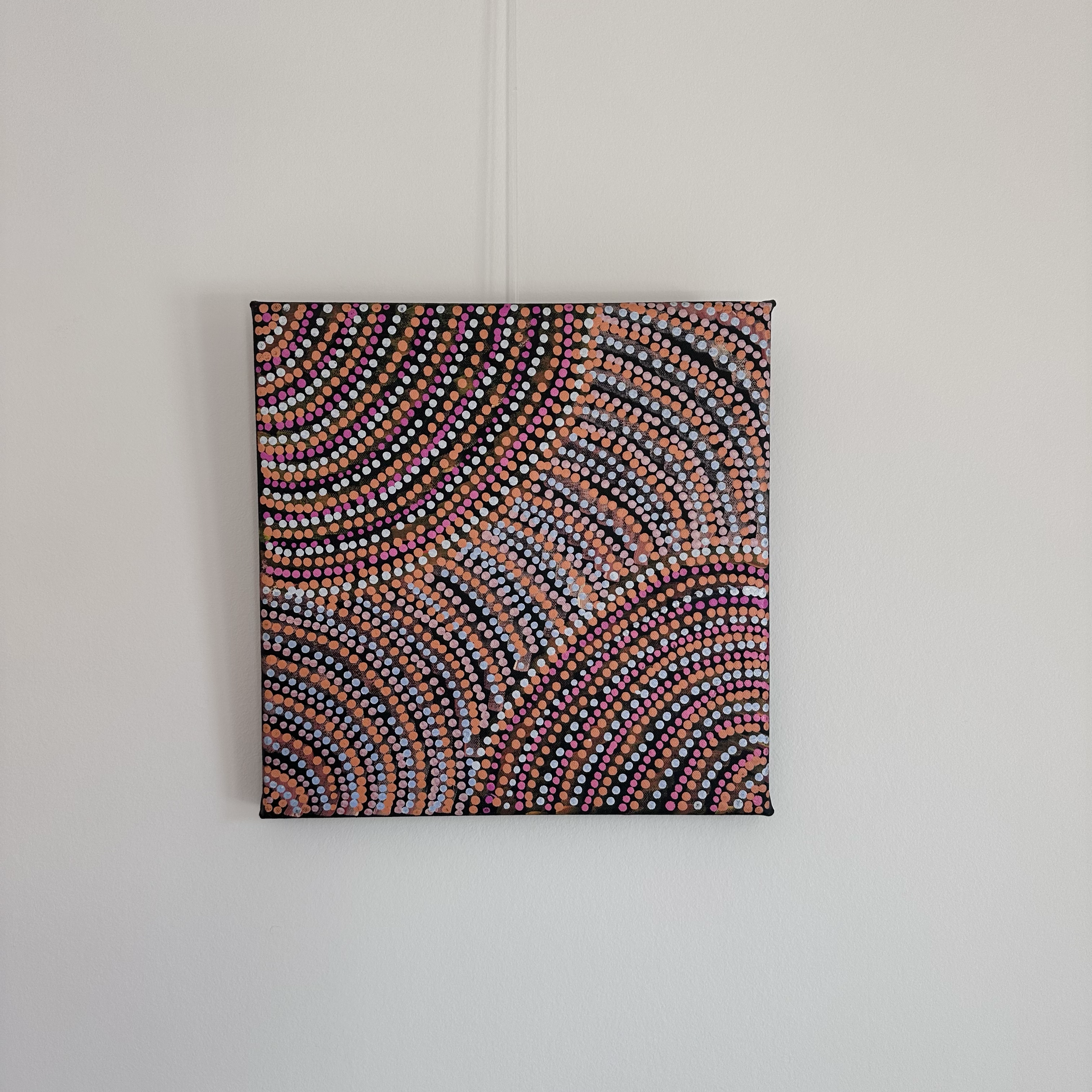 Grace Napangardi Butcher, 
Pikilyi Jukurrpa (Vaughan Springs Dreaming) 2025, 
acrylic on canvas, 
30 x 30 cm, 
Unstretched CHF125, Stretched CHF240