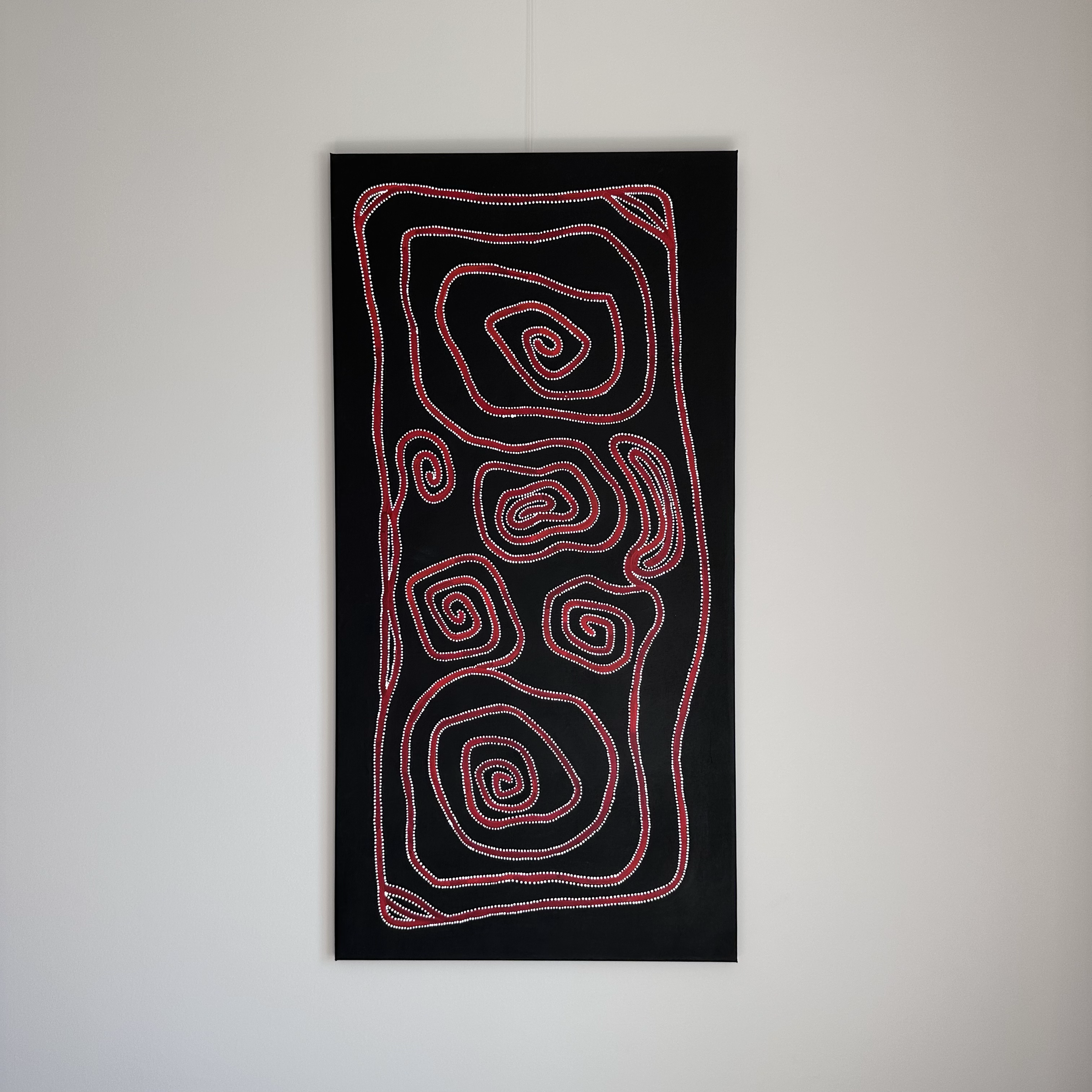 Stephanie Napurrurla Nelson, 
Yarla Jukurrpa (Bush Potato Dreaming) - Yumurrpa, 2023, 
acrylic on linen, 
152 x 76 cm, 
Unstretched CHF1,440, Stretched CHF1,740
