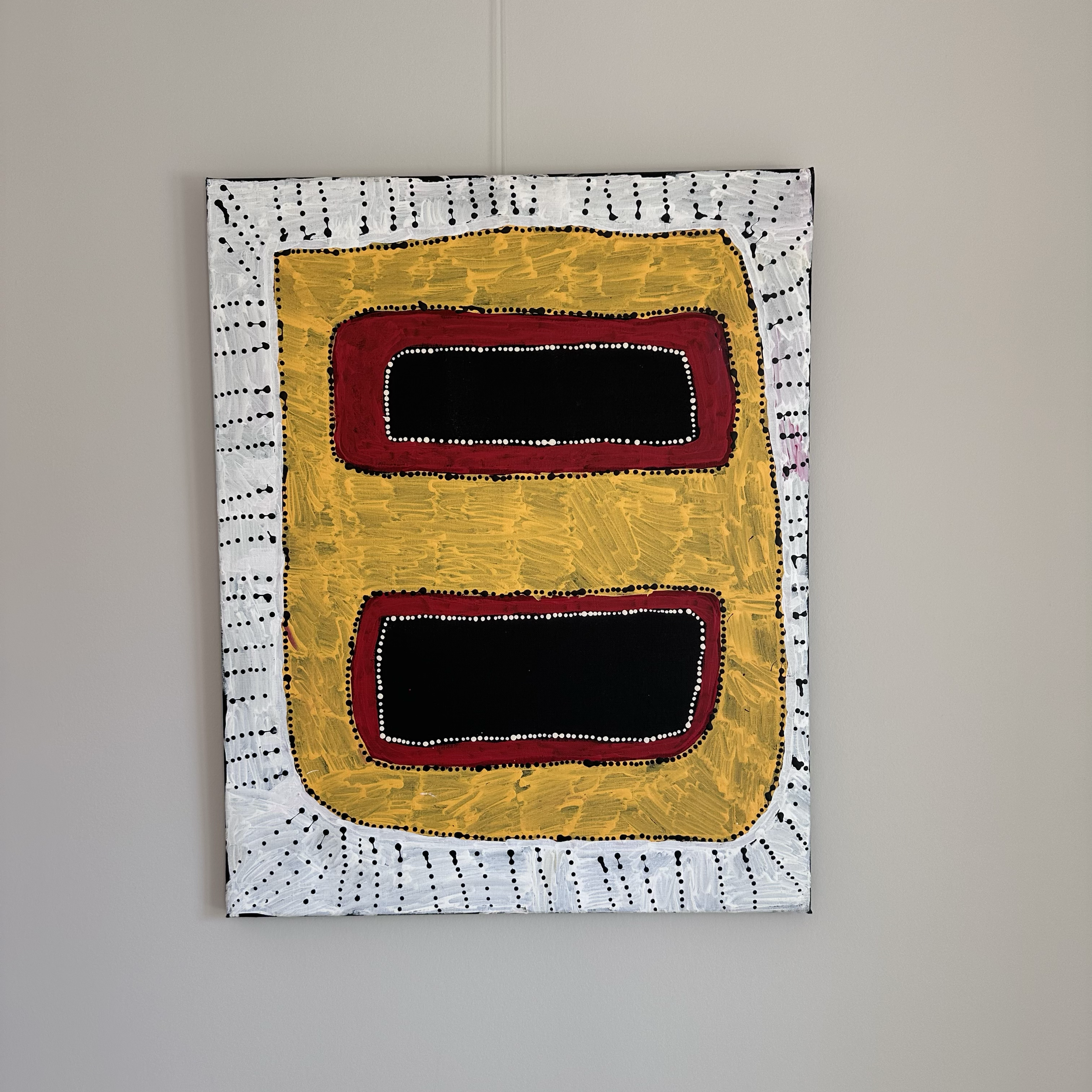 Tasha Nampijinpa Collins, 
Ngapa Jukurrpa (Water Dreaming) - Puyurrum 2025, 
acrylic on linen,  
76 x 61 cm, 
Unstretched CHF750, Stretched CHF910