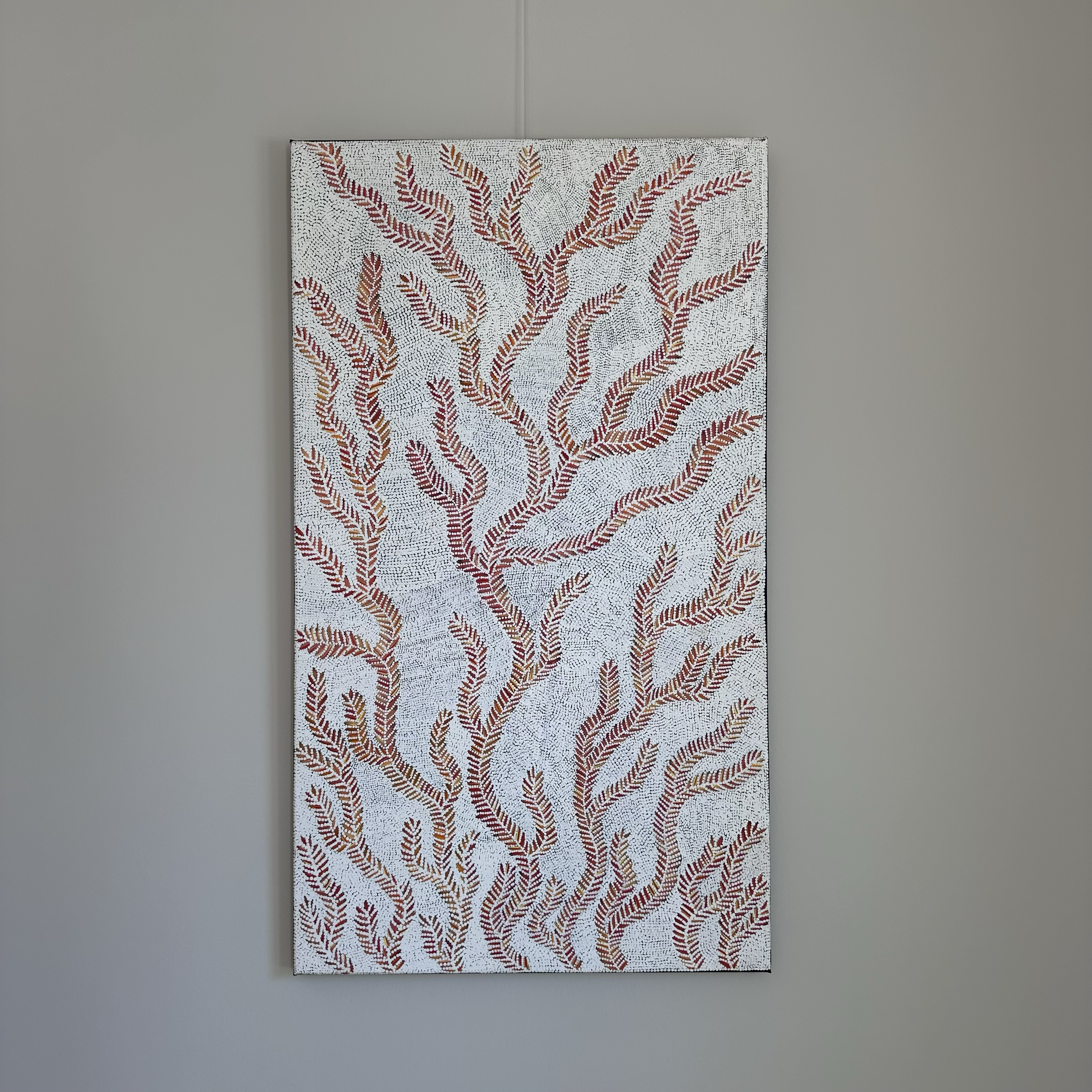 SOLD,
Patricia Nakamarra Oldfield, 
Karnta Jukurrpa (Women's Dreaming) - Bush Medicine, 2025, 
acrylic on linen, 
107 x 61 cm, 
Unstretched CHF755, Stretched CHF960 