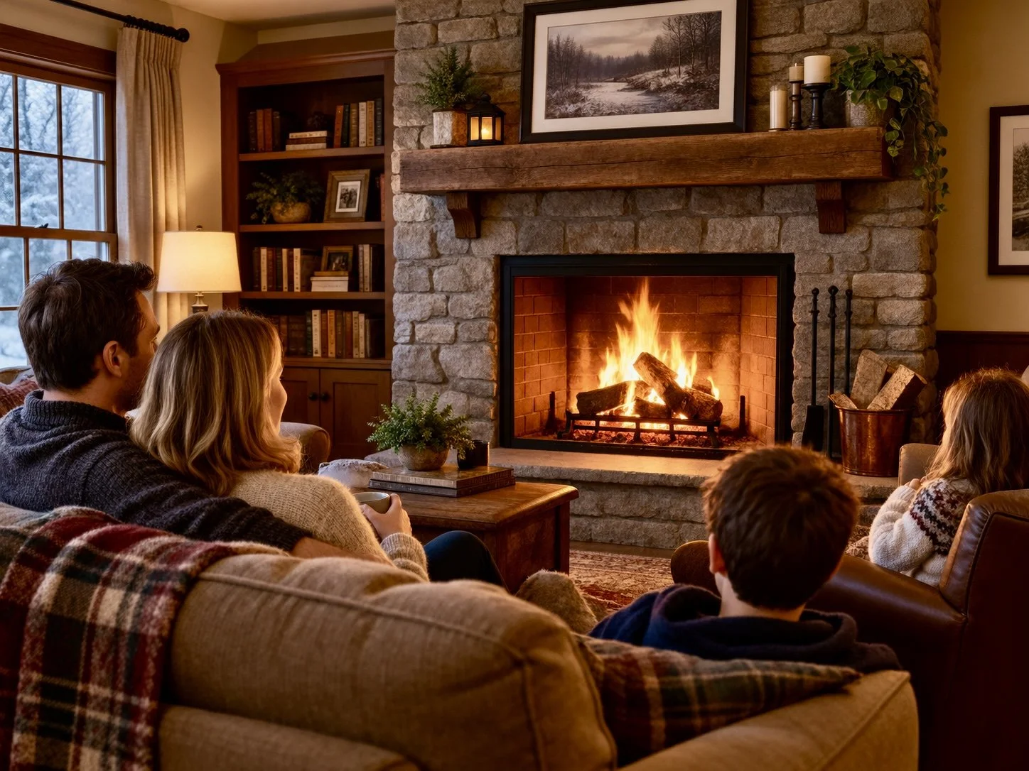 family gathered around cozy fire
