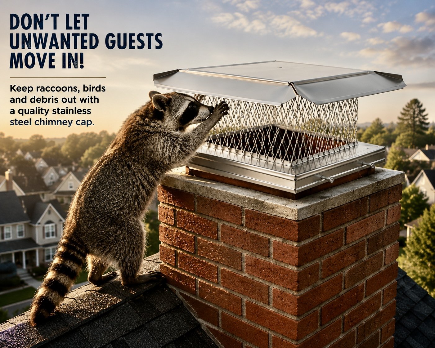 A raccoon on a rooftop near a brick chimney, lifting a metal chimney cap to prevent unwelcome guests such as birds, raccoons, and debris from entering.