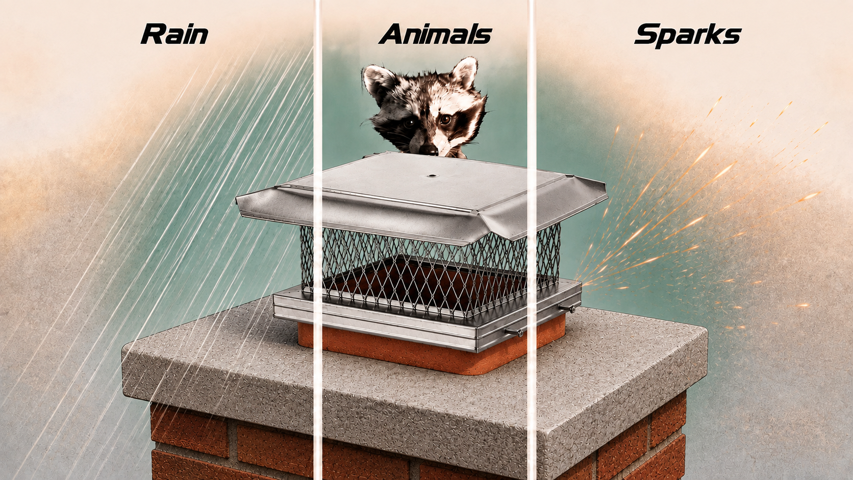 A raccoon peeking over a metal fire pit with a lattice design, situated on a brick and concrete chimney, with a background divided into Rain, Animals, and Sparks sections.