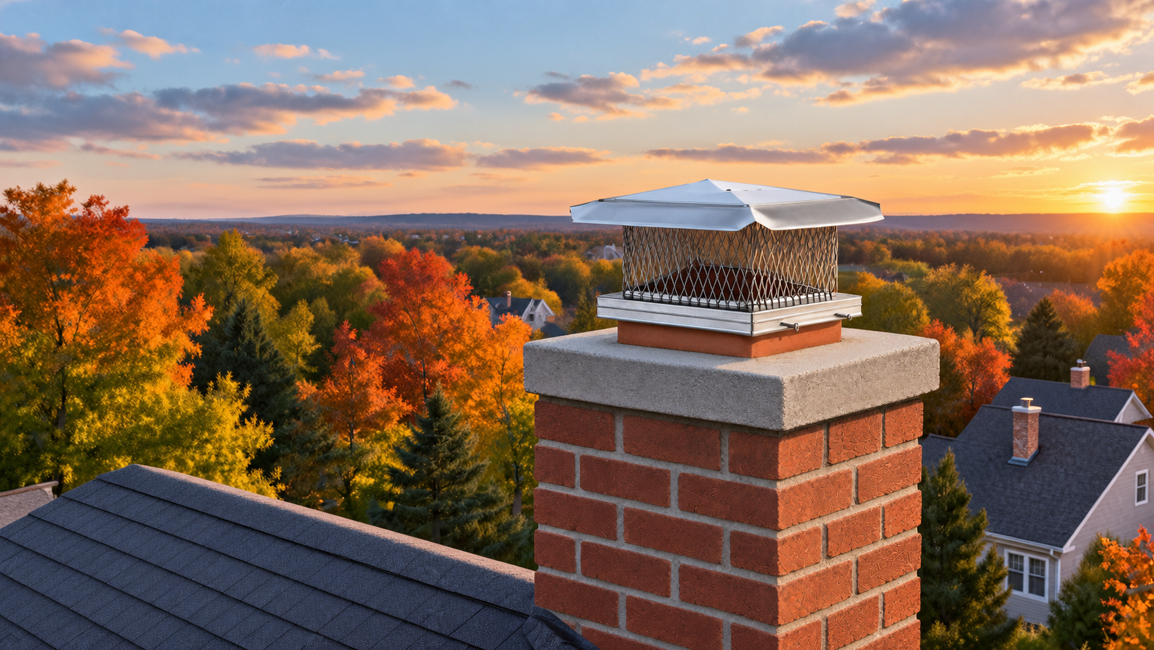 image of chimney with stainless cap on a fall day overlooking the surrounding trees with the caption "Chimney Sweep and Chimney Inspection Specialists.