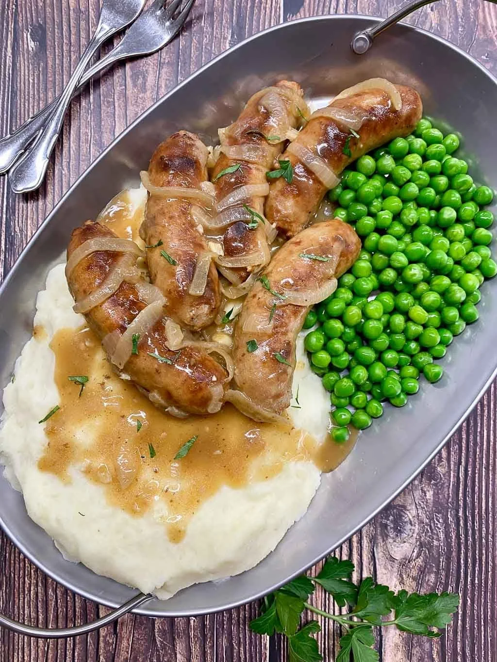 Bangers and Mash With Onion Gravy