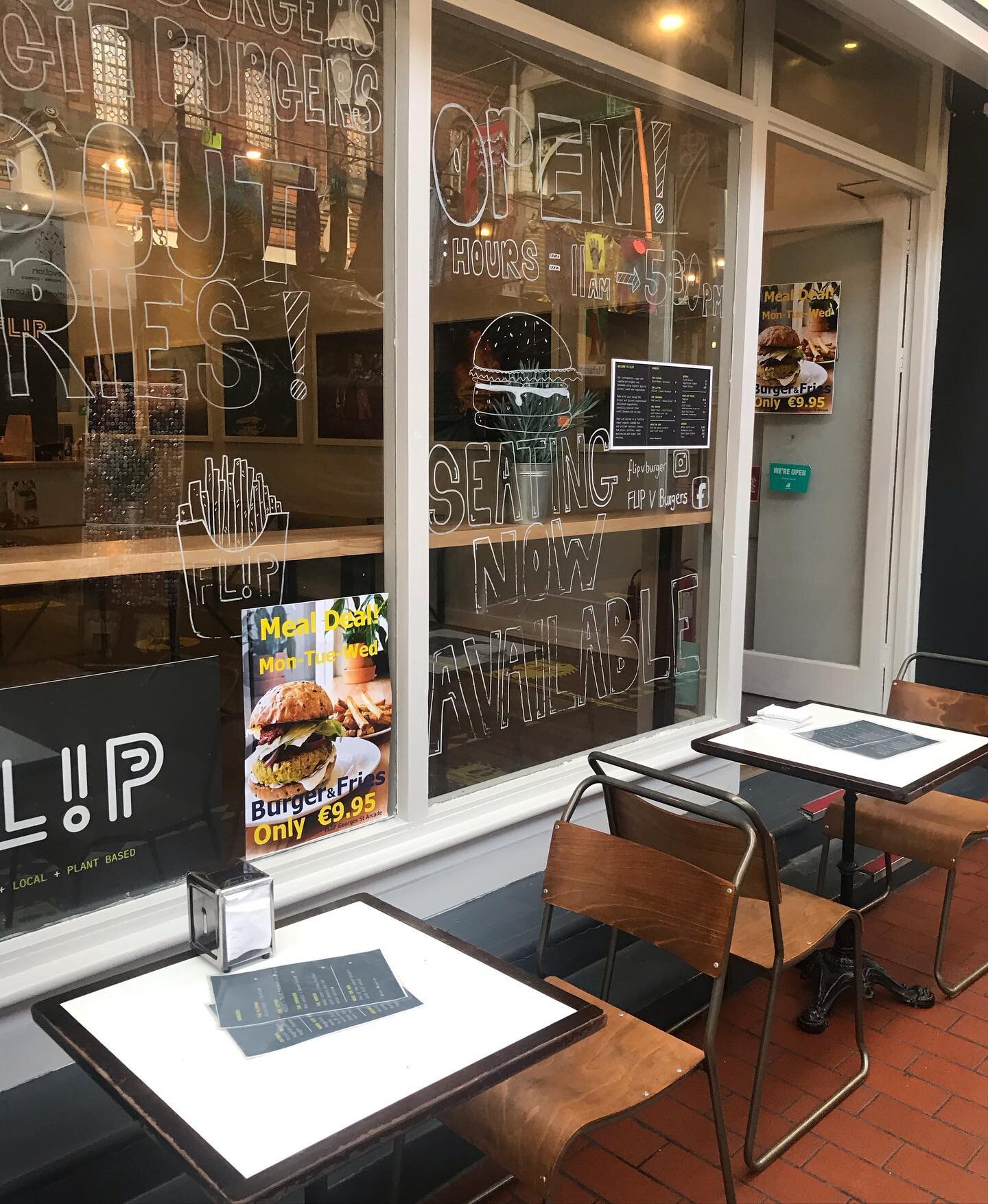 We are OPEN from 11am -5.30pm 
Seating outside and takeaway !! 
#flipburger #bestburgersintown #veggieburgers #plantbased