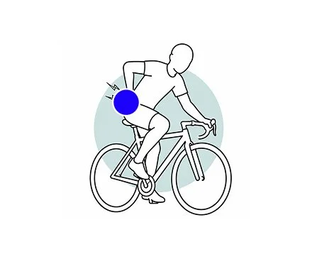 Line drawing of a person riding a bicycle, experiencing lower back pain.