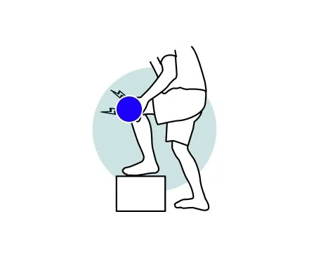Line drawing of a person standing with one foot on a block and the other foot on the ground, experiencing knee pain.