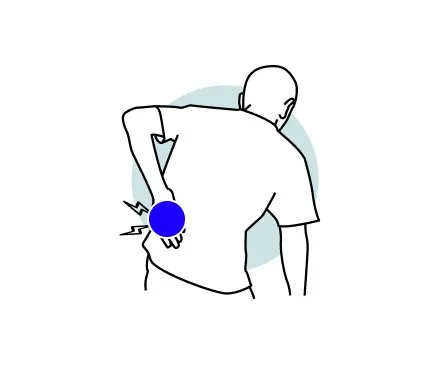 Illustration of a person experiencing back pain, holding their lower back with a blue pain indicator.
