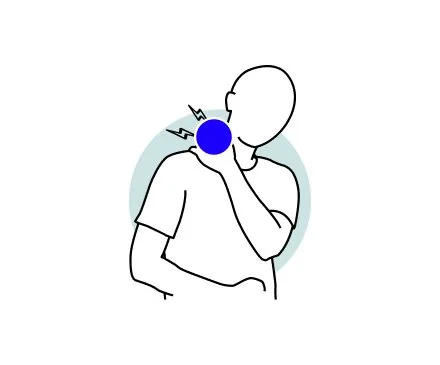 Line drawing of a person holding their neck with a blue circle indicating pain or discomfort.