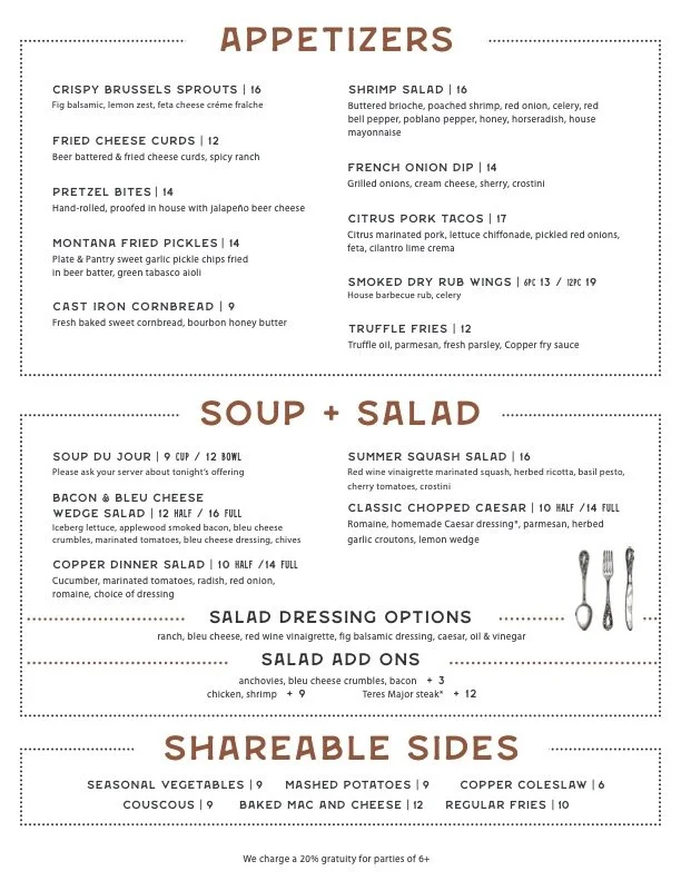 Menu Page — Copper | Restaurant and Whiskey Bar