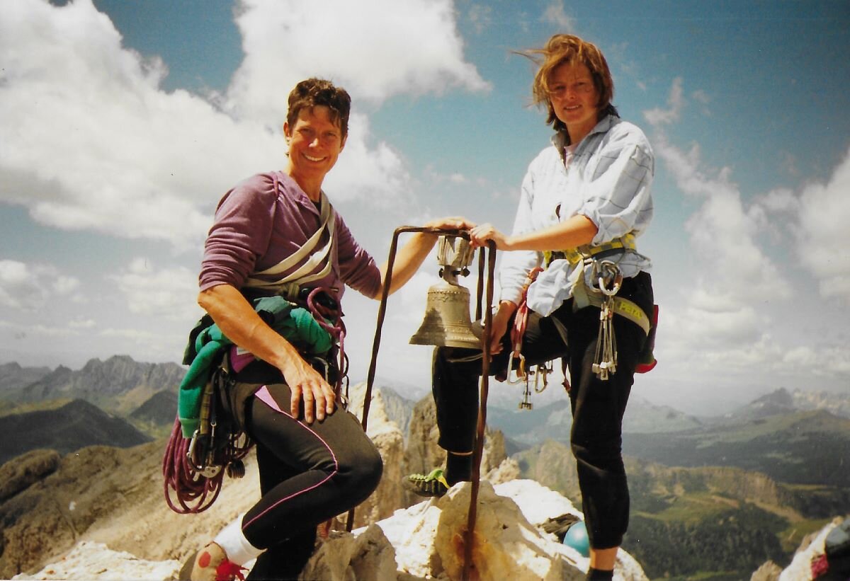 Cathy Woodhead and Stephanie at the summit of Pradidali Campanile, Trentino, Italy, in 1996