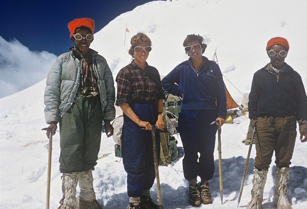 Barbara Spark Roscoe and Jo Peacock Scarr with Sherpas, Jagdula, Nepal, 1962