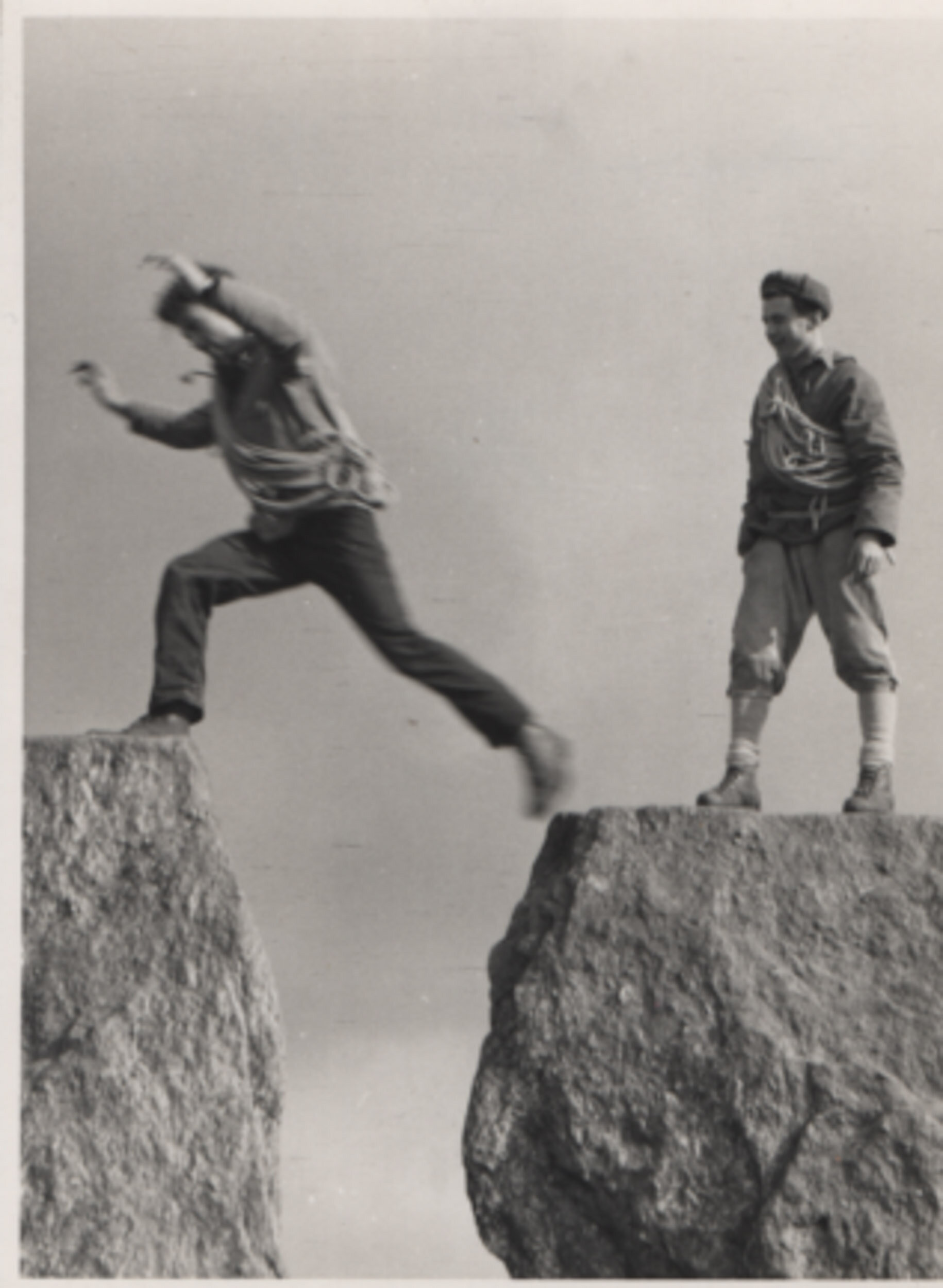 Mollie Agnew jumping from Adam to Eve (Tryfan, Snowdonia), 1960