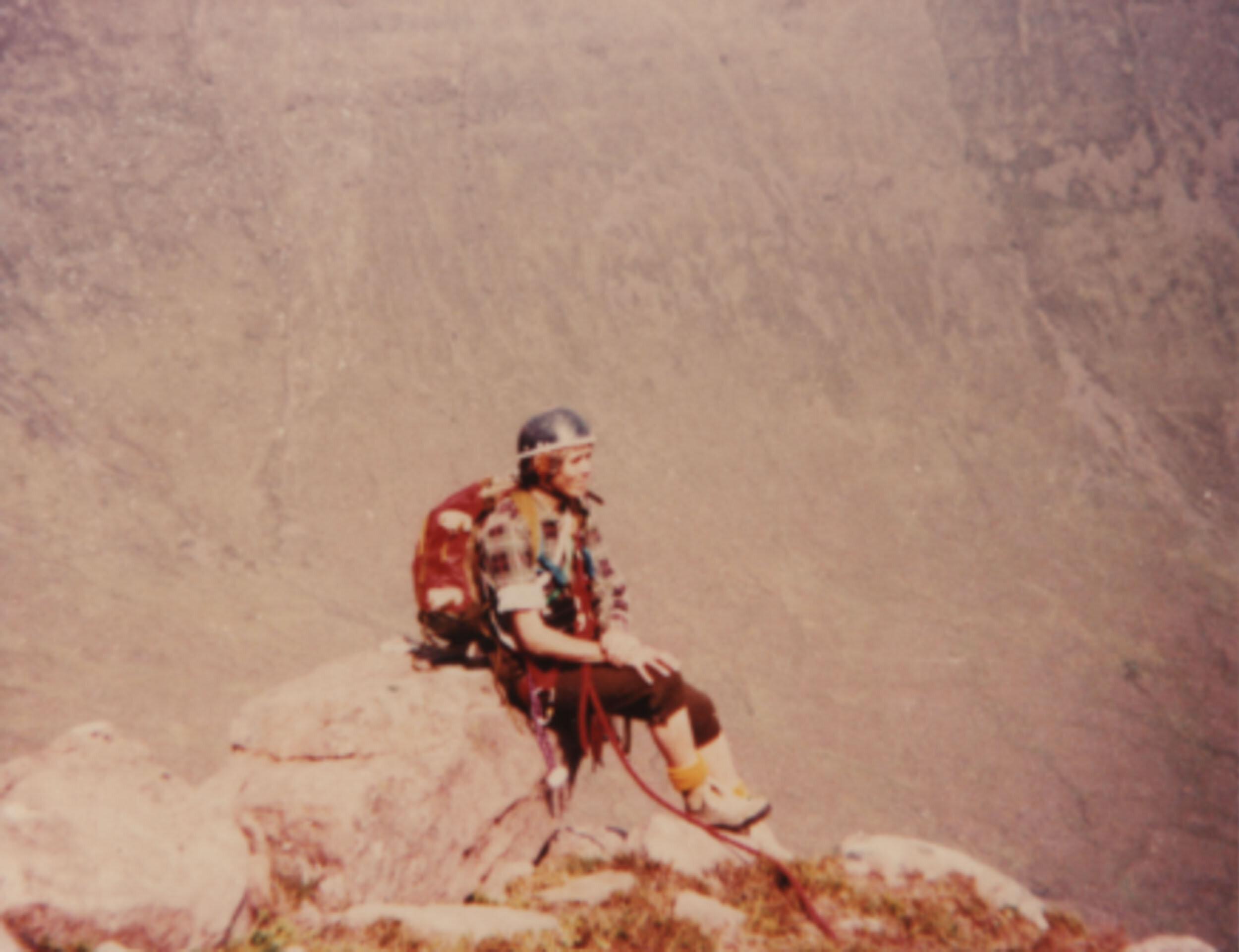 Ingrid Masterson at the summit of Cioch Nose, Applecross, Scotland, in 1982