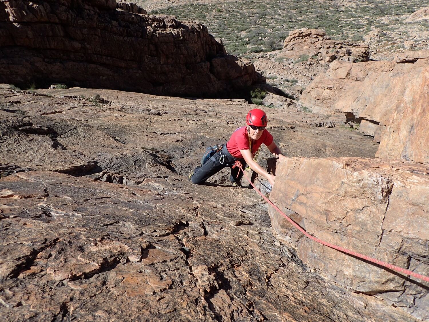 Julie Carter makes the first ascent of Hazelnut Truffle, Temple Slabs, Morocco, in 2018