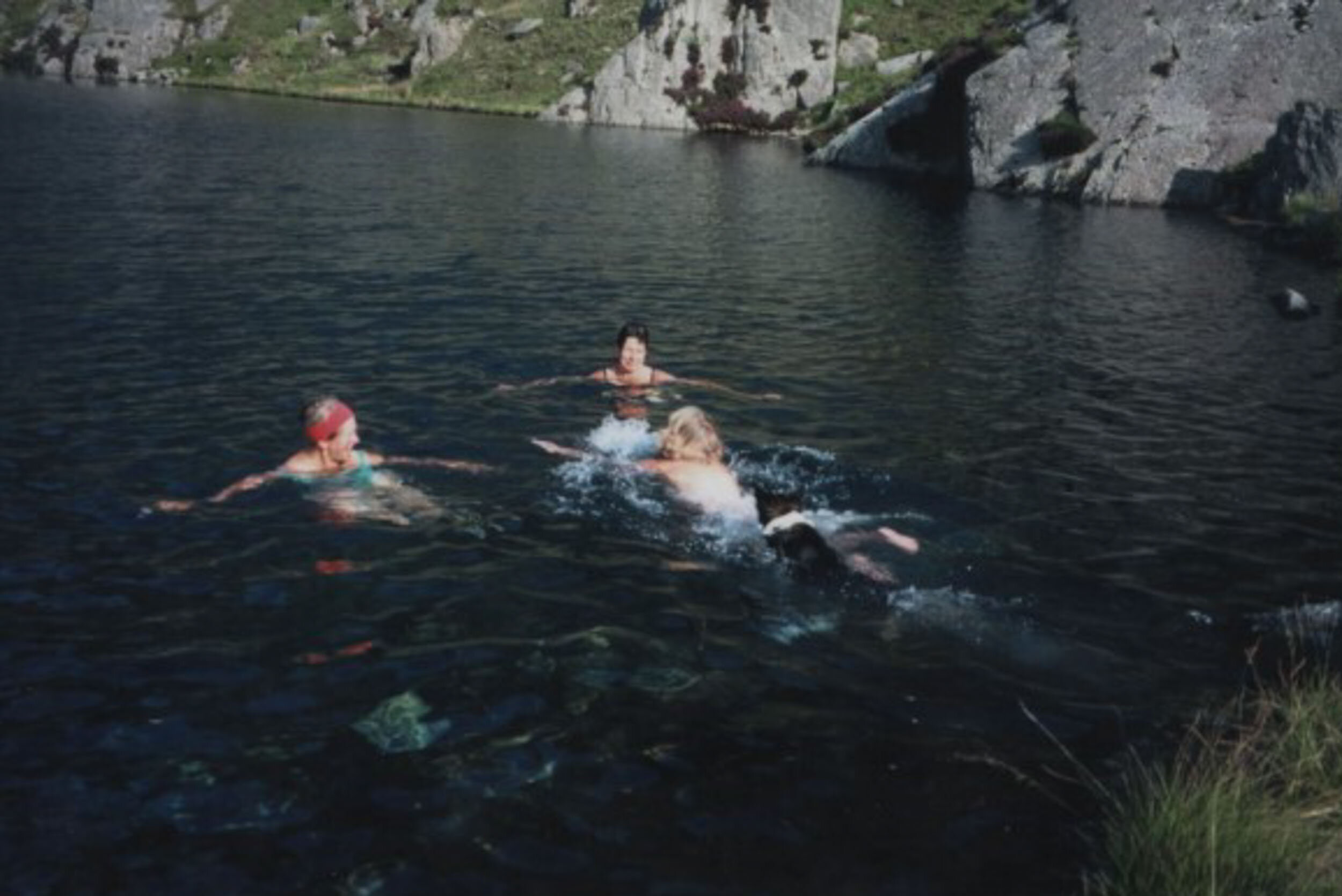 Denise Wilson, Cathy Woodhead and Marlene Halliwell having a post-climb swim in Llynau Cwm Silyn, North Wales, in 2001 