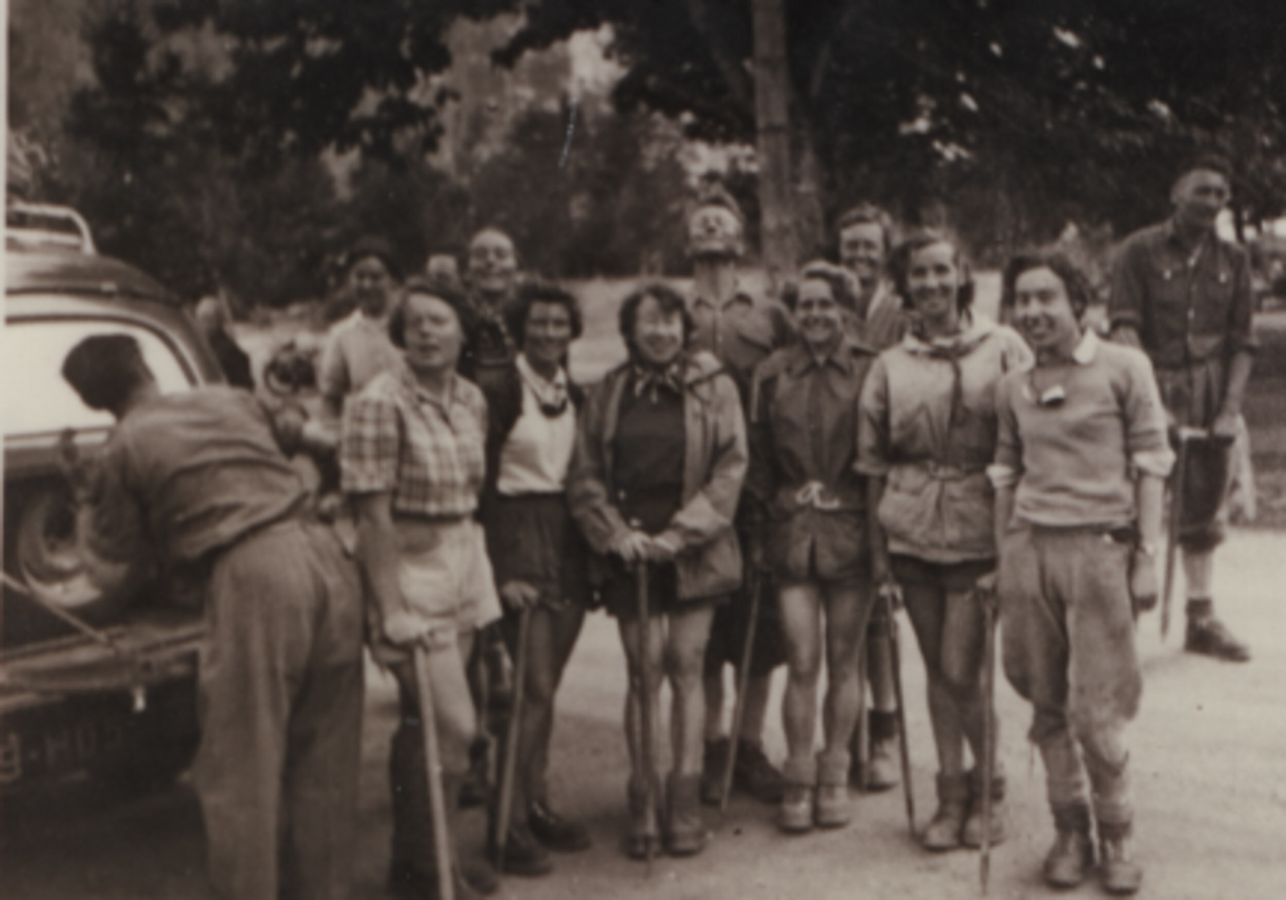 They did all fit in one taxi: Beryl, Annis Flew, Suzanne Gibson, Nea Morin, Rienetta Herbert née Leggett and others, Le Bez, French Alps, 1954