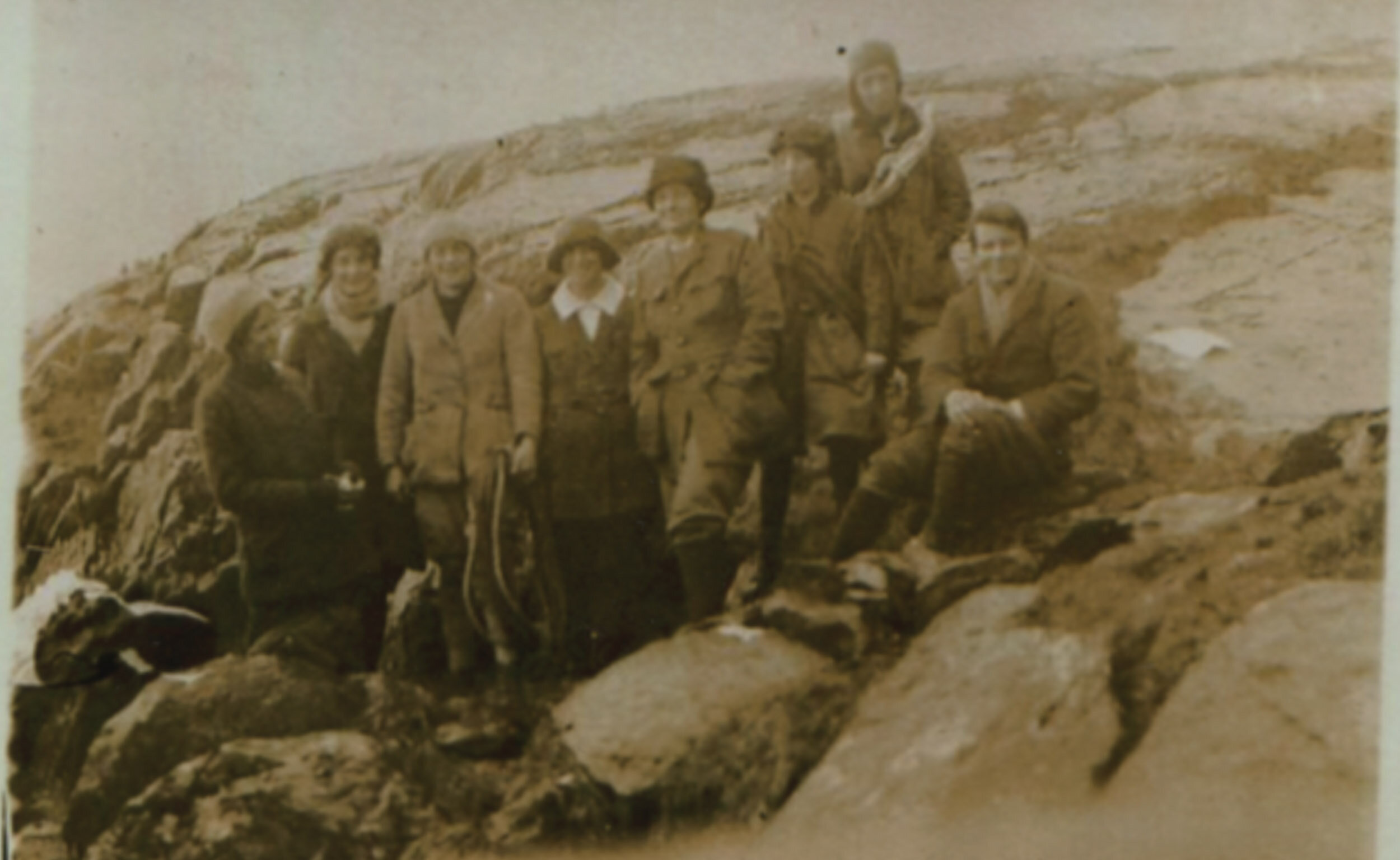 The first Pinnacle Club meet, Idwal Slabs, 1921. L-R: Emily (Pat) Kelly, Dorothy Evans, Mrs O Johnson, Harriet Turner, B Lella Michaelson, Cicely Rathbone, Constance Stanley, Blanche Eden-Smith