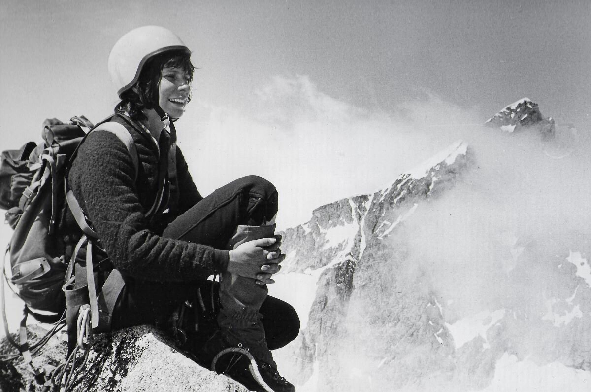 Cathy Woodhead on the North Face summit of Col de Barre Noire, French Alps, as part of the 1979 Rendez-vous Hautes Montagnes 