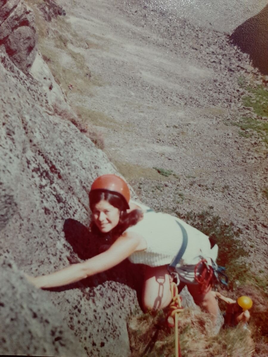 Pamela Holt on an early climb with her local climbing club in 1975. Note the caving belt, before she had her own harness