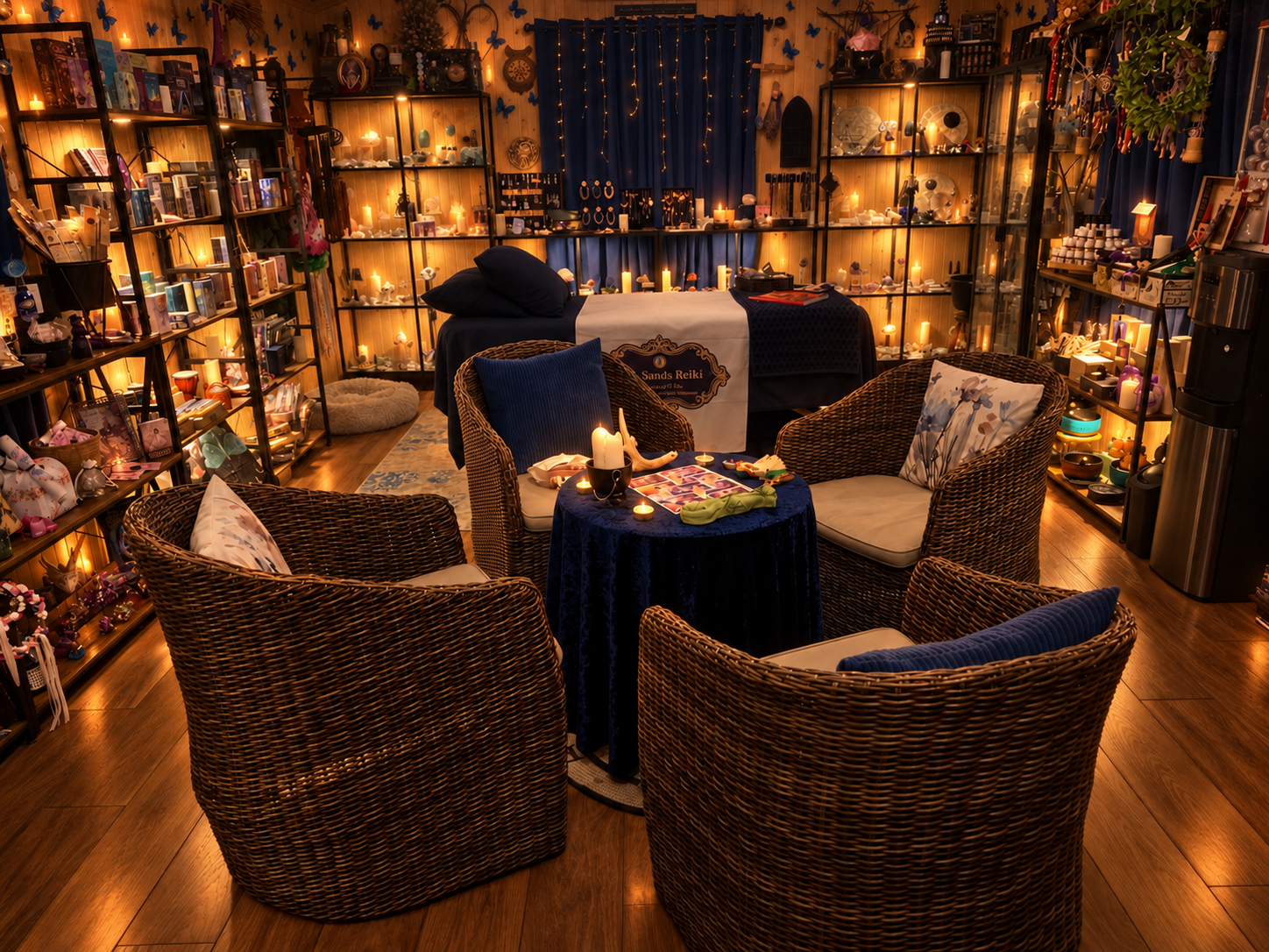Crystal and metaphysical shop at Red Sands Reiki in Borden-Carleton, Prince Edward Island, featuring crystals, tarot decks, candles, books and spiritual tools.