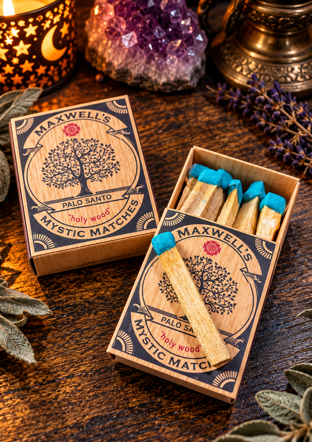 Mystic Palo Santo Matches on a Rustic Table.png