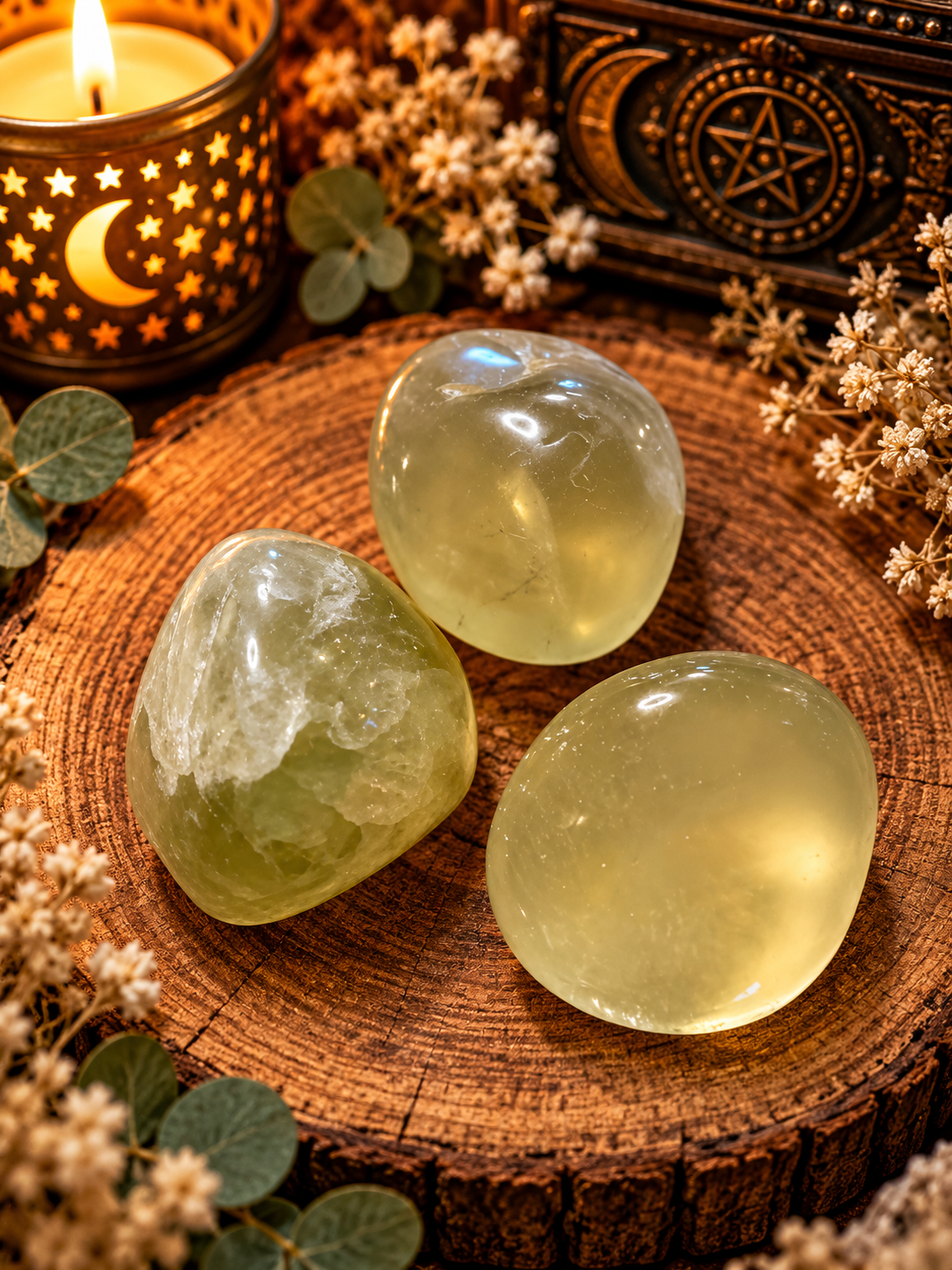 Mystical Green Stones on a Candlelit Altar.png