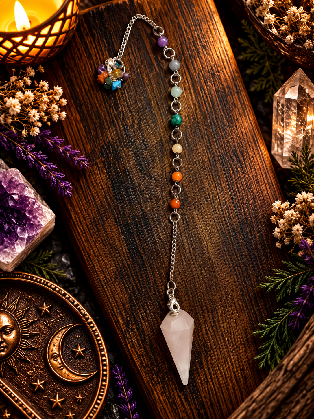 Mystical Crystal Pendulum on Rustic Wood.png
