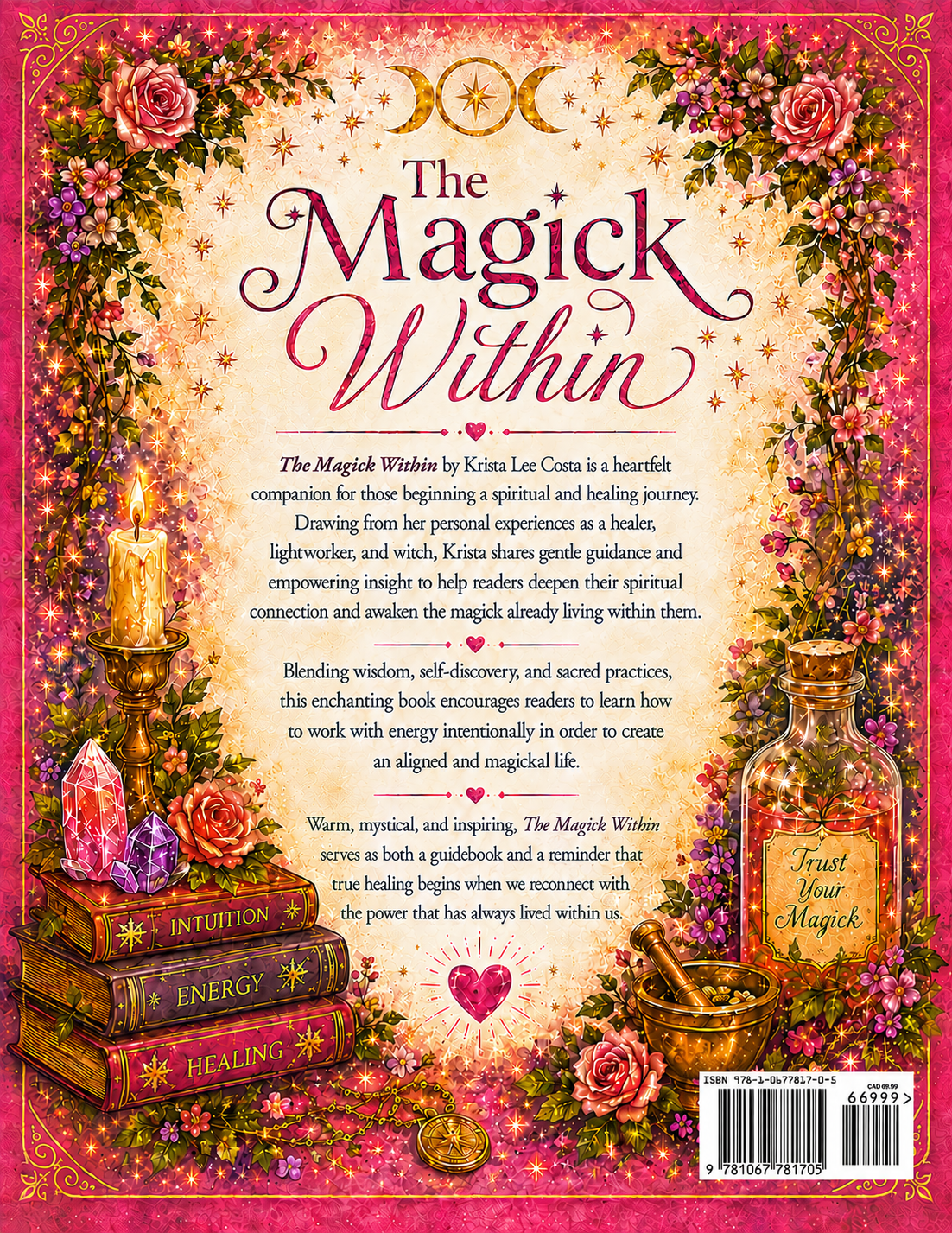 Inside cover of The Magick Within by Krista Costa featuring candles, crystals and intuition guidance