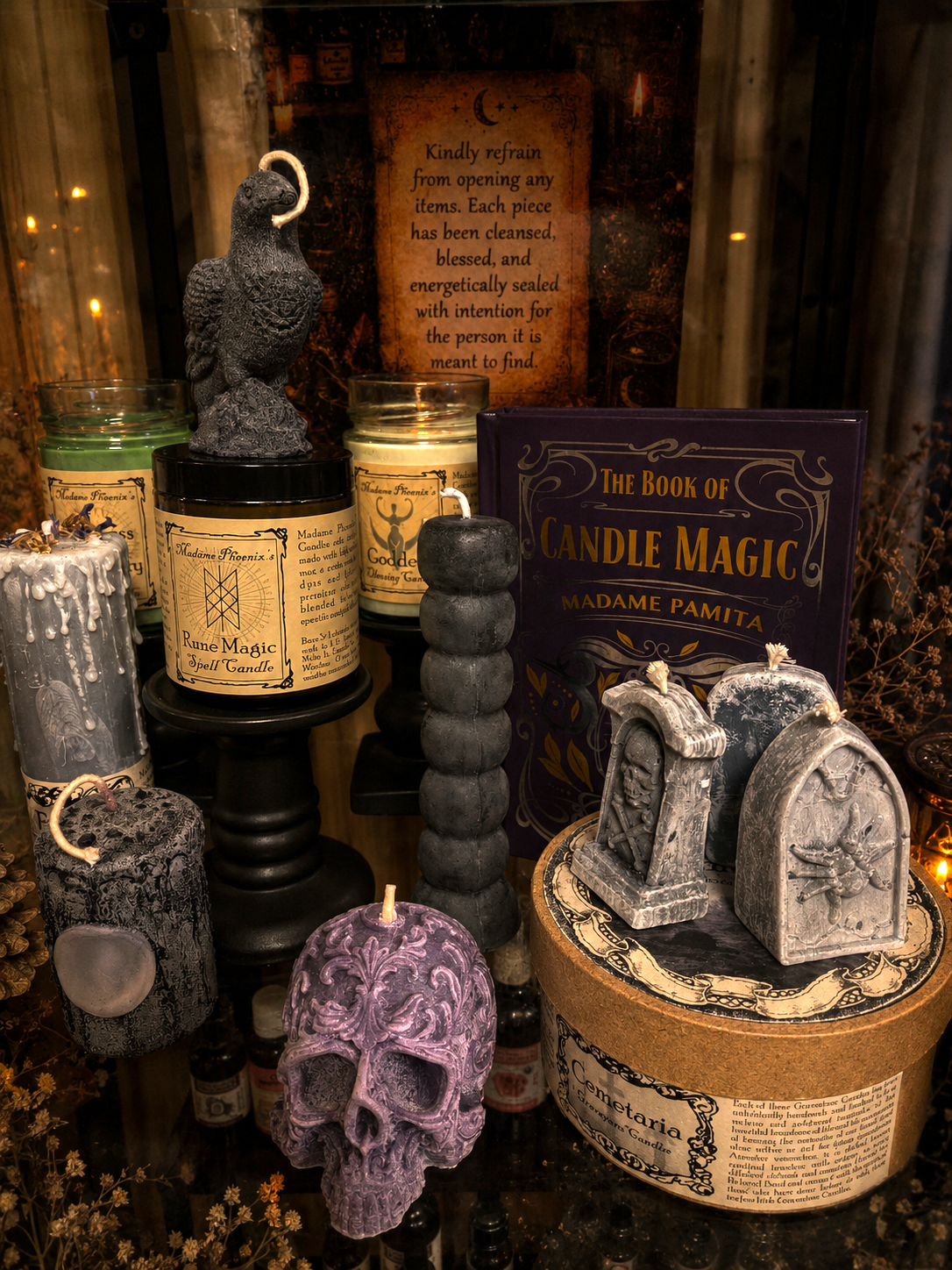 Spiritual items including handmade spell candles at Red Sands Reiki shop