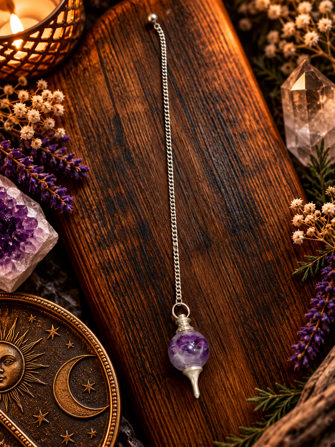 Amethyst Pendulum on a Candlelit Mystic Altar.png