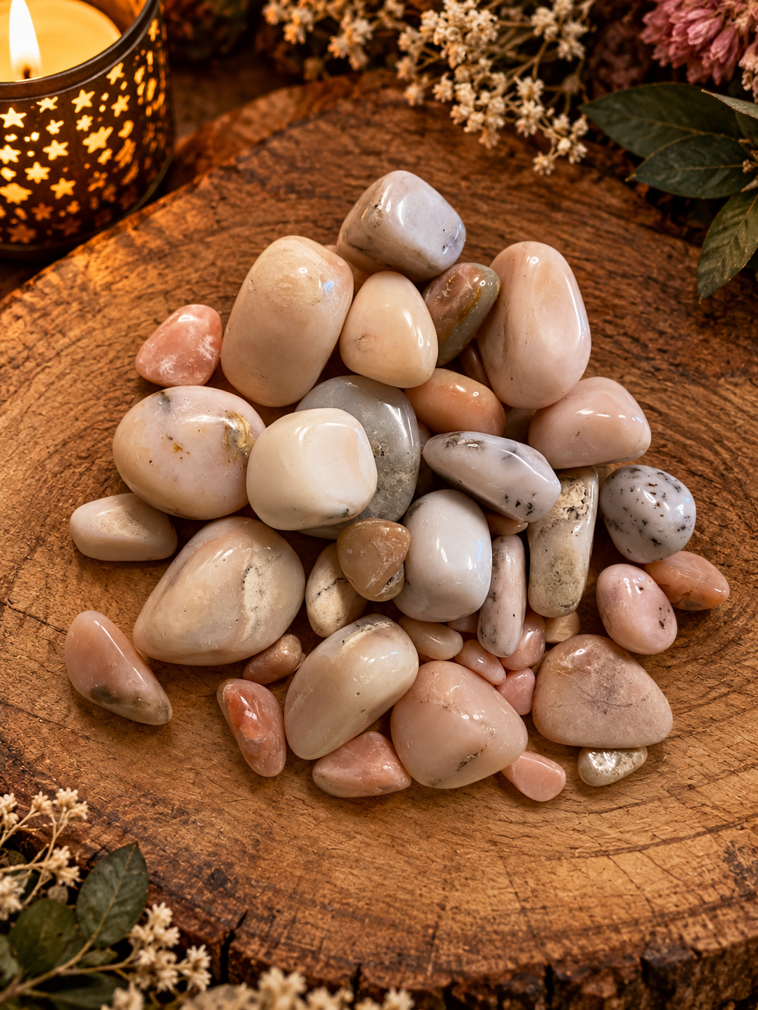 Warm Candlelit Tumbled Stone Still Life.png
