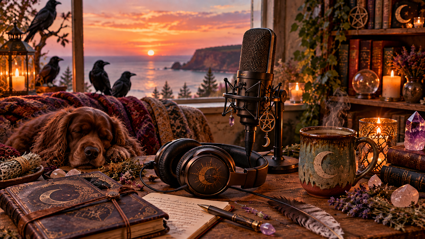 Microphone, headphones and mystical details representing the Wickedly Unhinged podcast by Krista Costa, exploring modern witchery, energy healing and spiritual practice.