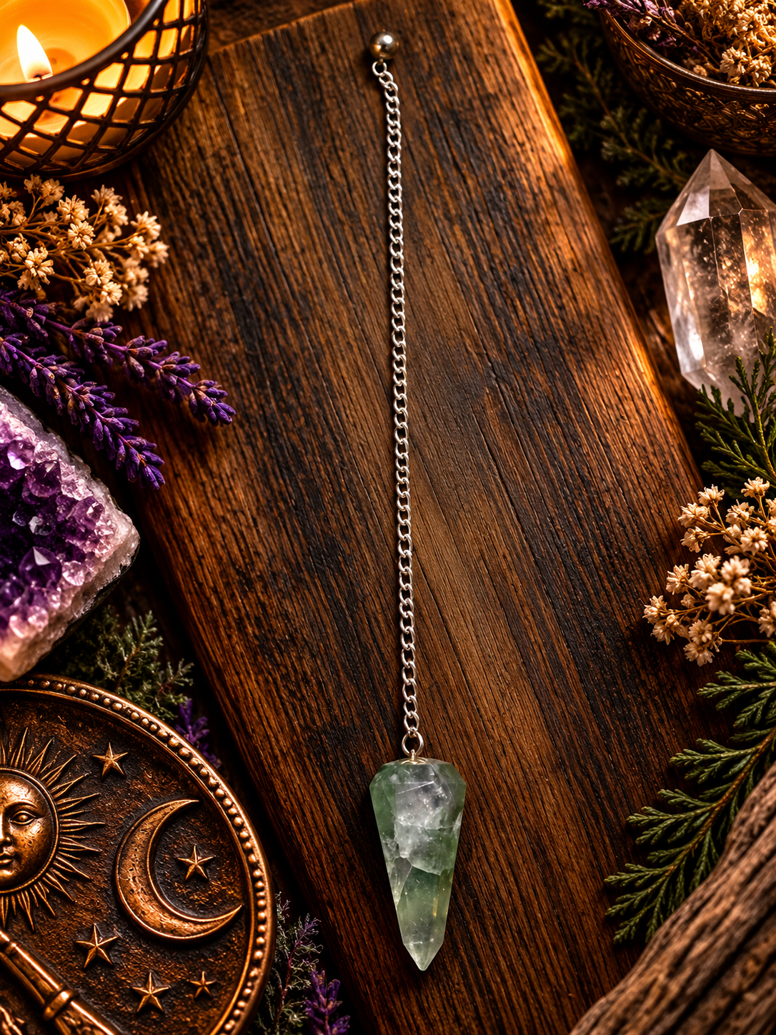 Mystical Green Crystal Pendulum Flat Lay (1).png