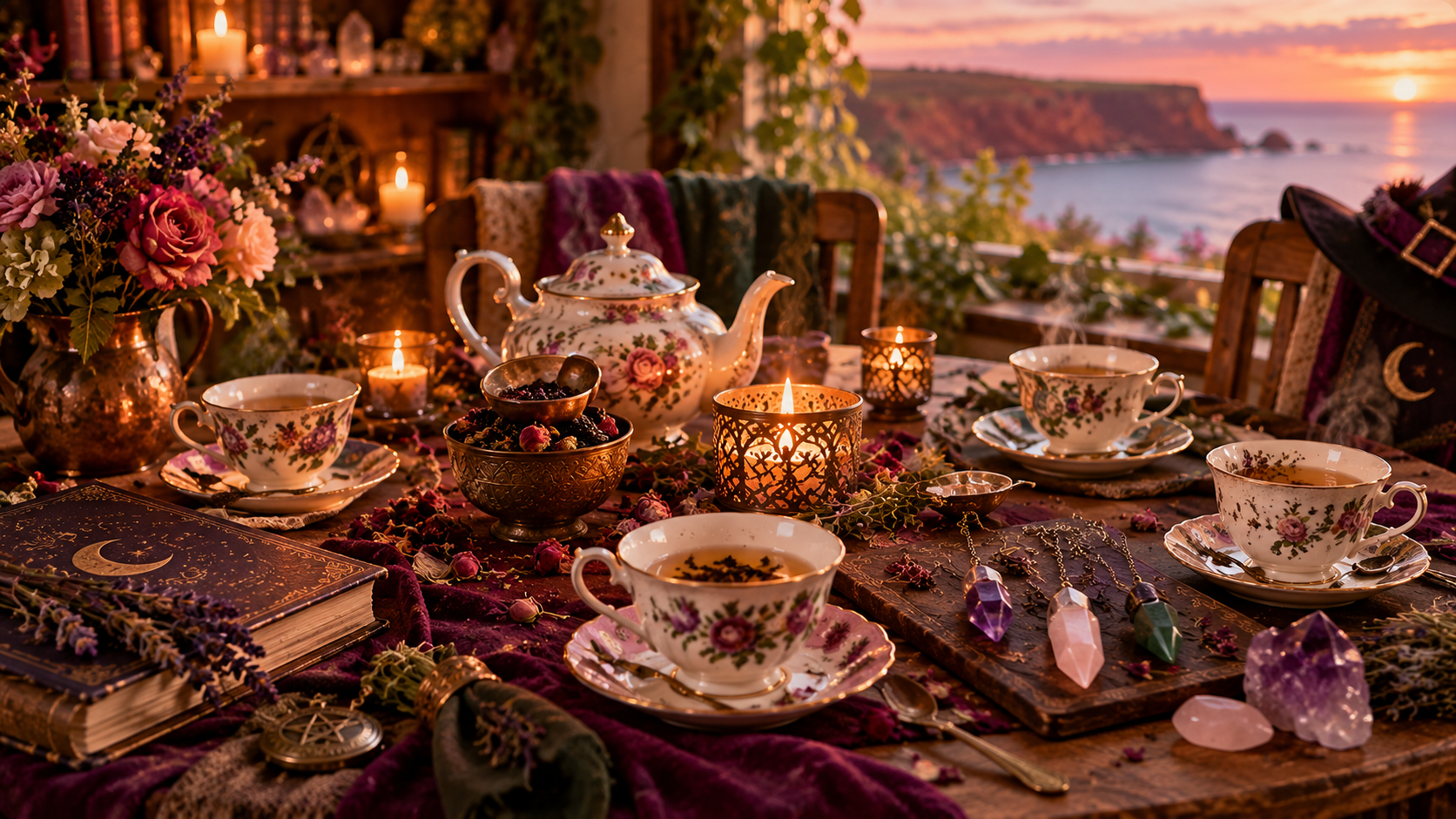 Tea leaf reading party at Red Sands Reiki with teacups, loose tea leaves and pendulums arranged for a playful group divination experience in Prince Edward Island.
