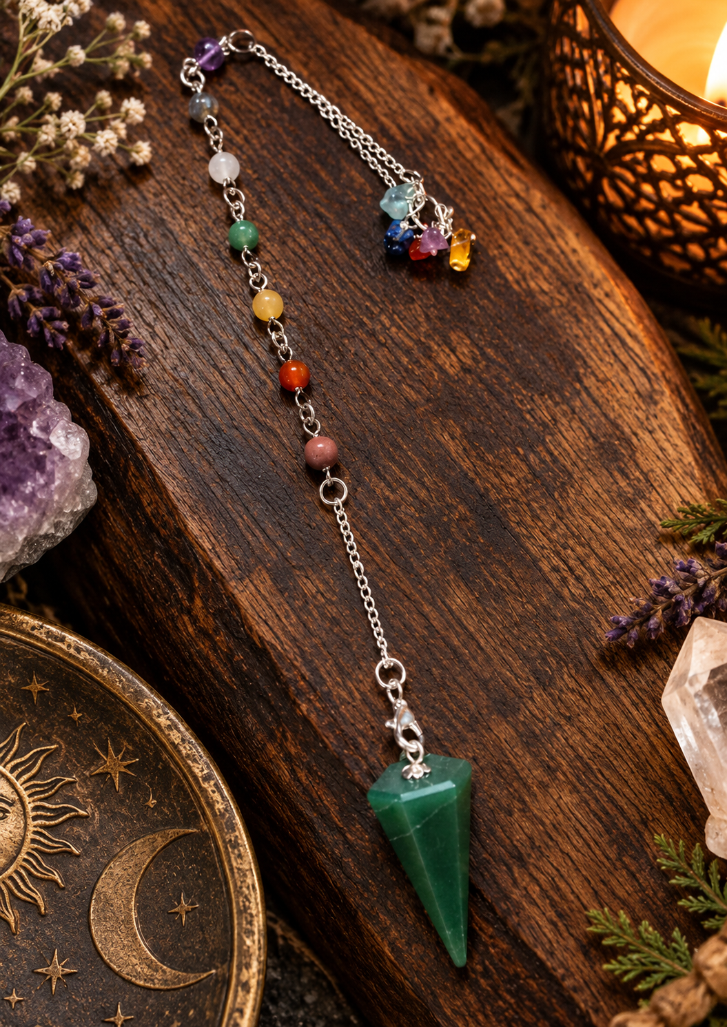Mystical Green Crystal Pendulum Flat Lay.png