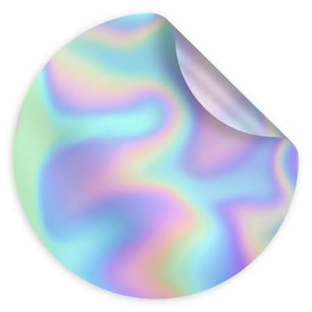 A blank circular holographic vinyl sticker with a peeling corner showcasing a rainbow iridescent finish.