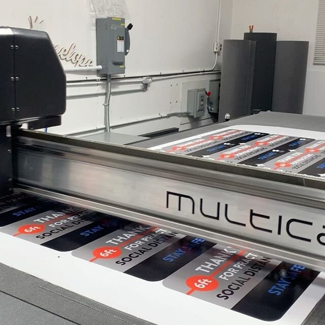 6ft back please! Floor Graphic Production with a digital knife thats moving at hyper speed! Thankful for this machine that allows us to cut just about anything! #cnc #socialdistance #floorgraphics #stickers #knifecut #router #fast #signmaker #support