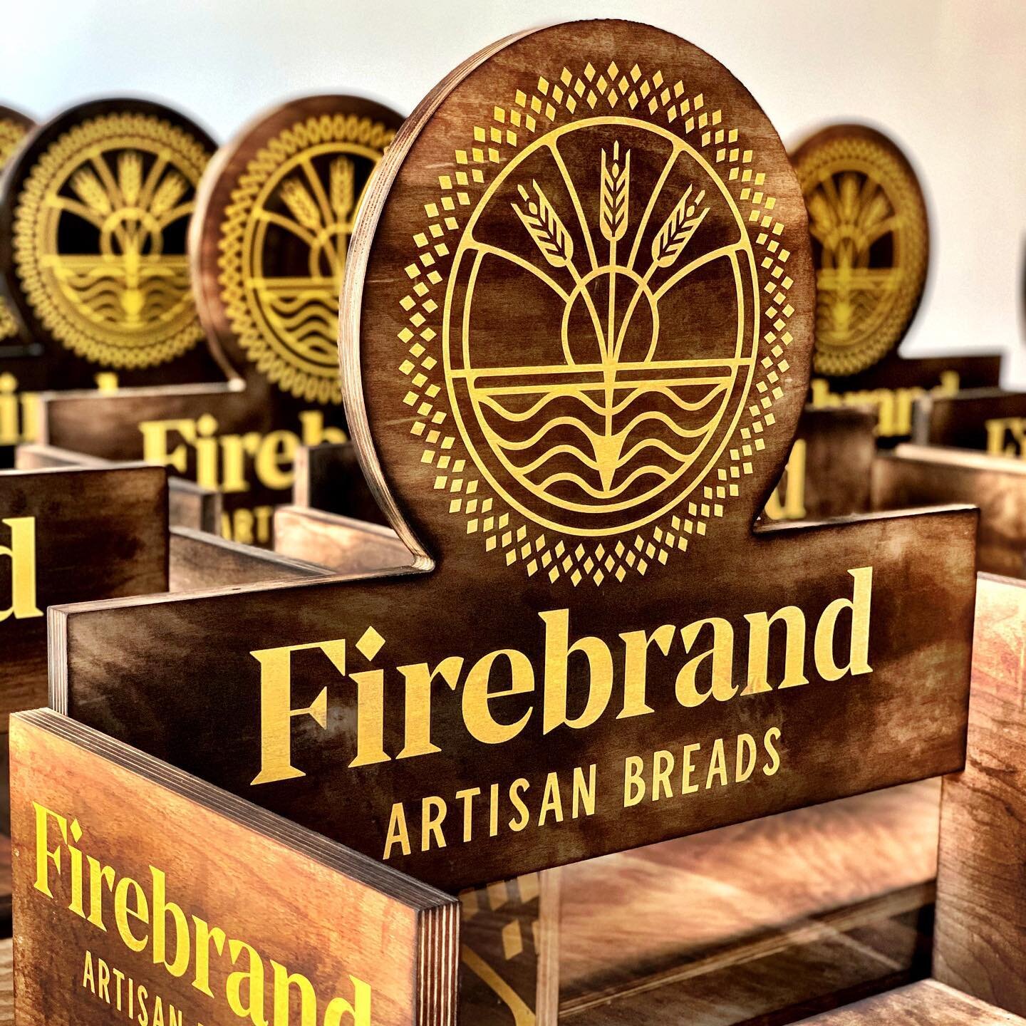 Fresh out the oven! @firebrandbread display showcasing uv printed birch wood thats been torched. Thankful to work with local crew and support @majorminor. #makebread #firebrand #oakland #storedisplay #burned #flatbedprinting #craft #birch #appleply #