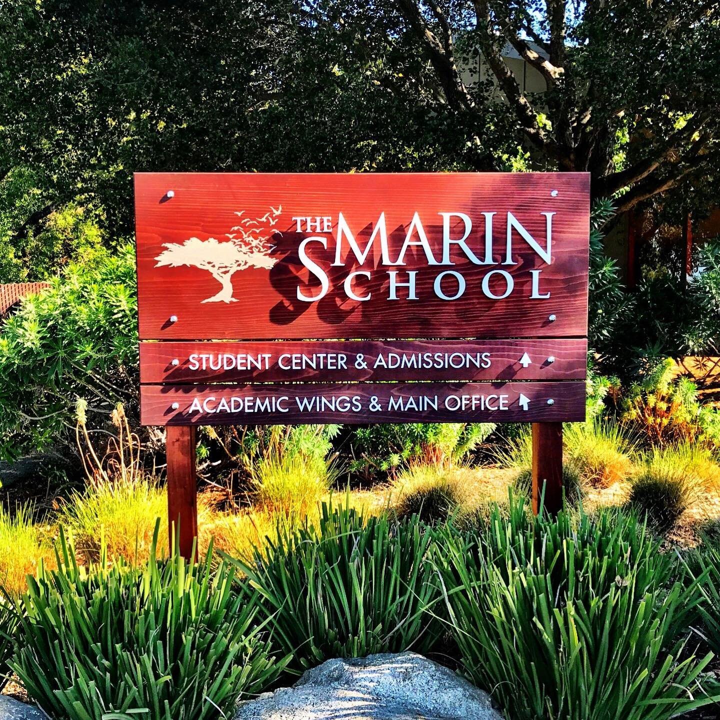 Redwood Entry Sign with Metal Letters for @themarinschool + Amazing Landscaping to surround ! #monumentsign #woodsign #metalletters #redwood #aluminum #landscaping #sunsout #marin #signmaker #stained #shadows #grassisgreener #sanrafael #sanpedro #sch
