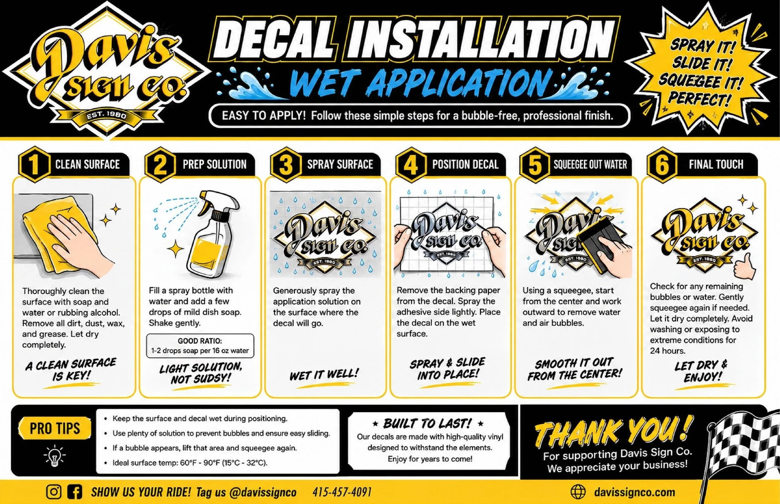 Installer spraying liquid solution during a wet decal installation for bubble-free application.